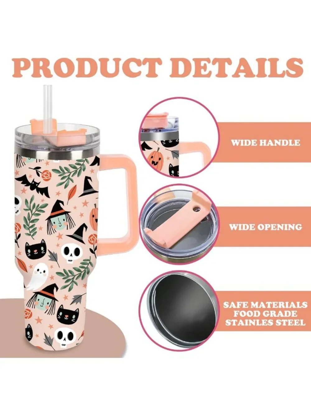 40oz Halloween Tumbler with Handle, Straw & Lid - Spooky Skull Ghost Pumpkin
